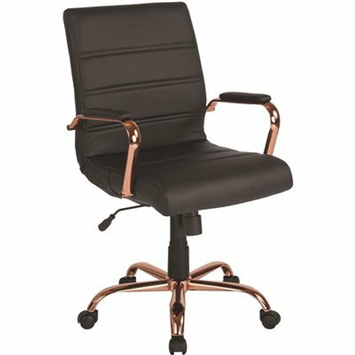 Flash Furniture Whitney Mid-Back Faux Leather Swivel Ergonomic Office Chair in Black/Rose Gold Frame with Arms