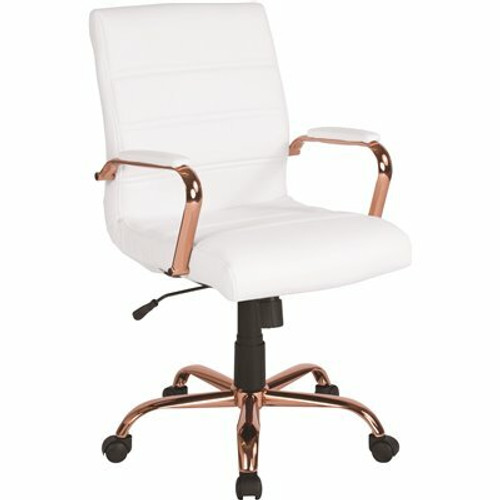 Flash Furniture Whitney Mid-Back Faux Leather Swivel Ergonomic Office Chair in White/Rose Gold Frame with Arms