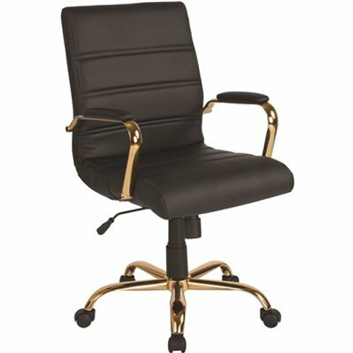 Flash Furniture Whitney Mid-Back Faux Leather Swivel Ergonomic Executive Office Chair in Black/Gold Frame with Arms