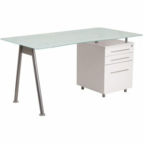 Carnegy Avenue 59 in. Rectangular Frosted Top/White 3 Drawer Computer Desk with File Storage