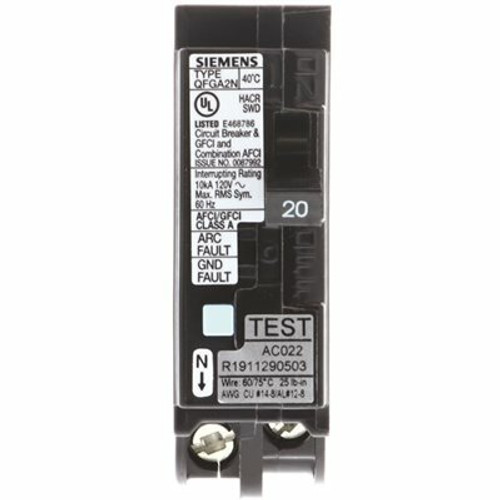 Siemens 20 Amp 1-Pole QFGA2N AFCI/GFCI 10kA Breaker Siemens 20 Amp 1-Pole QFGA2N AFCI/GFCI 10kA Breaker