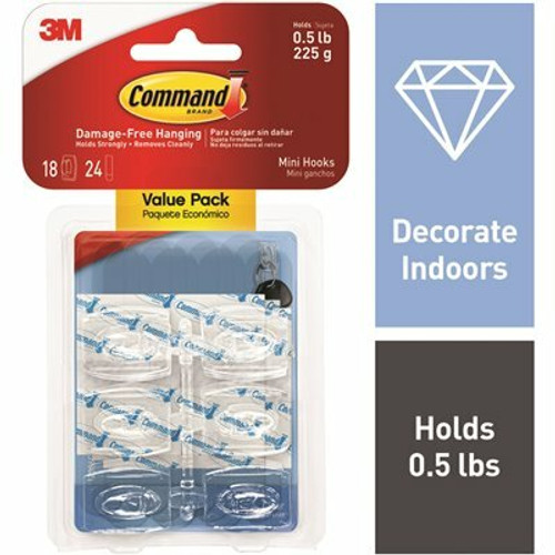 Command Mini 1.1 in. Clear Hooks with Clear Strips (18-Pack)