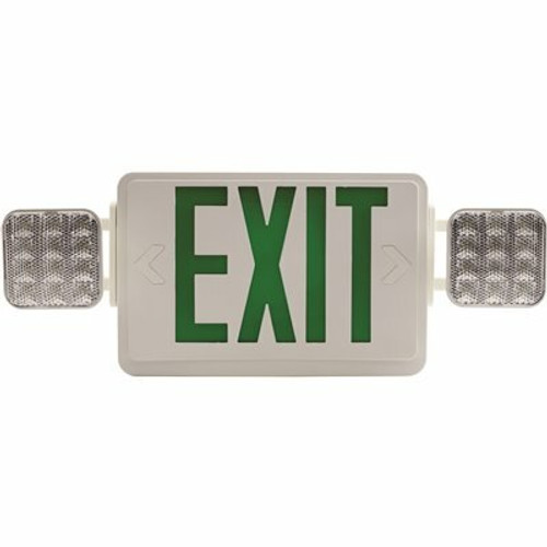24-Watt Equivalent Dual Voltage Integrated LED White Exit Sign and Twin Square Head Emergency Light Combo Green Letters