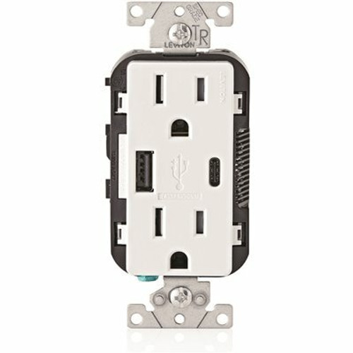 Leviton Decora 15 Amp Tamper Resistant Duplex Outlet (with Type A and C USB Charger), White Leviton Decora 15 Amp Tamper Resistant Duplex Outlet (with Type A and C USB Charger), White