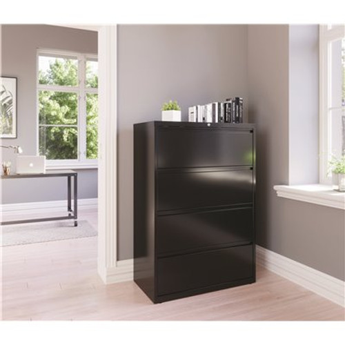 Hirsh 36 in. W 4-Drawer Black Metal Lateral File Cabinet for Home and Office, Holds Letter, Legal and A4 Hanging Folders Hirsh 36 in. W 4-Drawer Black Metal Lateral File Cabinet for Home and Office, Holds Letter, Legal and A4 Hanging Folders
