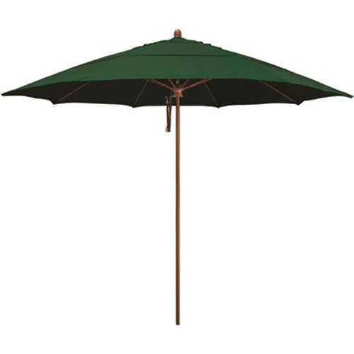 11 ft. Woodgrain Aluminum Commercial Market Patio Umbrella Fiberglass Ribs and Pulley Lift in Forest Green Sunbrella
