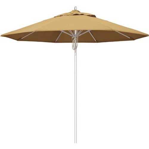 California Umbrella 9 ft. Silver Aluminum Commercial Fiberglass Ribs Market Patio Umbrella and Pulley Lift in Wheat Sunbrella