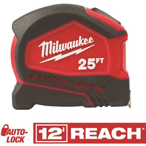 Milwaukee Compact Auto Lock 25 ft. SAE Tape Measure with Fractional Scale and 9 ft. Standout