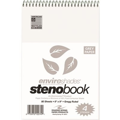 ROARING SPRING PAPER PRODUCTS ENVIROSHADES STENO NOTEBOOK, GREGG, 6 IN. X 9 IN., GRAY, 80 SHEETS PER PAD, 4 PER PACK ROARING SPRING PAPER PRODUCTS ENVIROSHADES STENO NOTEBOOK, GREGG, 6 IN. X 9 IN., GRAY, 80 SHEETS PER PAD, 4 PER PACK