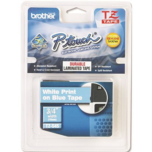Brother Intl. Corp. TZ STANDARD ADHESIVE LAMINATED LABELING TAPE, 3/4 IN. W, WHITE ON BLUE Brother Intl. Corp. TZ STANDARD ADHESIVE LAMINATED LABELING TAPE, 3/4 IN. W, WHITE ON BLUE