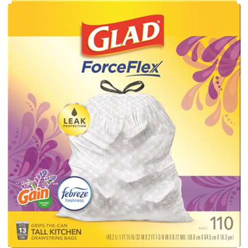 GLAD Forceflex Tall Kitchen Bags 1 Gal Gain Lavender With Febreze Package Of 110 GLAD Forceflex Tall Kitchen Bags 1 Gal Gain Lavender With Febreze Package Of 110