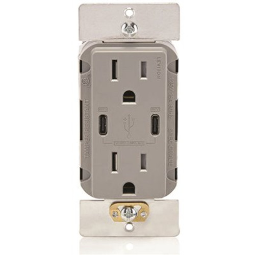 Leviton 15a Decora Tamper-Resistant Receptacle With 60w Dual USB Type C/c, Grey