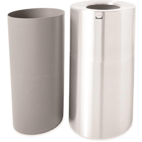 Rubbermaid Commercial 55 Gal Slvr Alumnum Rnd 2-Pce Opn Tp Wste Can W/rigd Liner