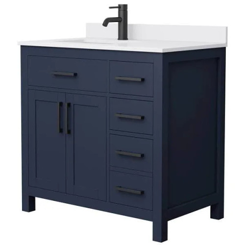 Wyndham Beckett 36" Dark Blue Single Vanity, White Marble Top, Black Trim