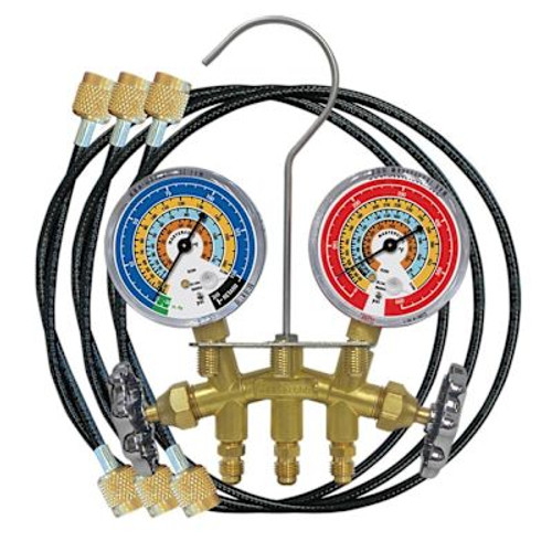 Mastercool Brass 2-Way Manifold Gauge Set  With Thermoplastic Service Hoses