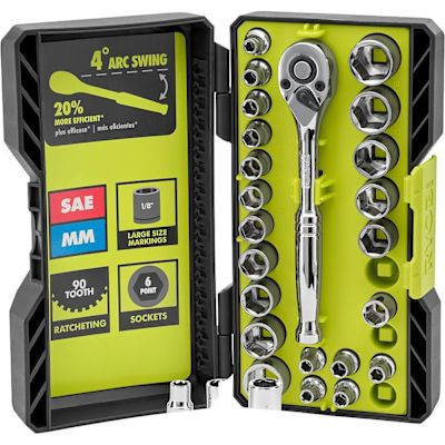 Ryobi 1/4" Drive Ratchet And Socket Set With Case, 26 Piece