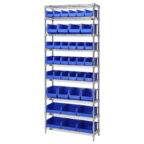 Quantum Storage Systems Wire Shelving Blue Bin 36 X 12 X 86 Black Epoxy Finish
