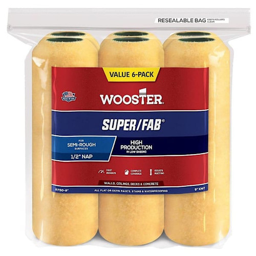 Wooster 9" Super/Fab 1/2" Nap Roller Cover, 6 Pk