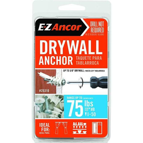 E-Z Ancor Twist-N-Lock 75 Lbs. Medium Duty Drywall Anchors , Package Of 50
