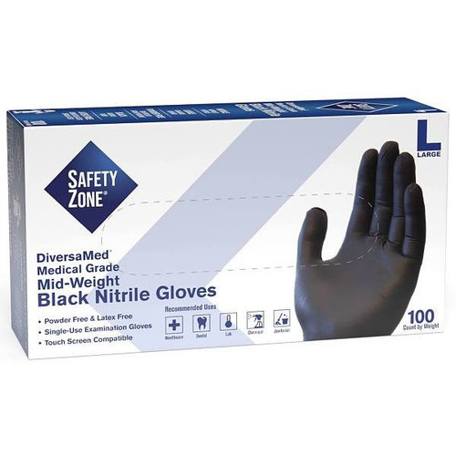 The Safety Zone Fentanyl Tested Nitrile Disposable Gloves, Large, Black, Package Of 100