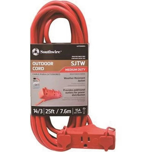Southwire 25 Ft 14/3 Outdoor Triple Outlet Sjtw Extension Cord, Red