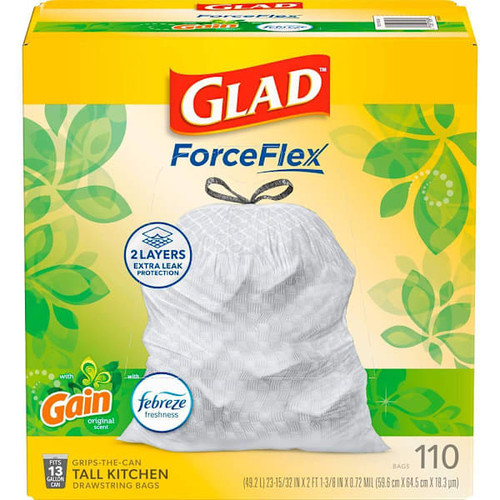 Glad Forceflex Kitchen Bags 13 Gal,gain Original Scent Febreze, Package Of 110