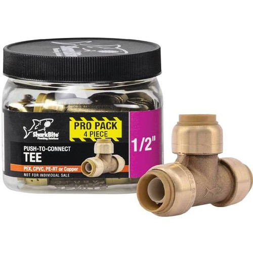 Sharkbite 1/2" Push-To-connect Brass Tee Fitting PRO Pack, Package Of 4