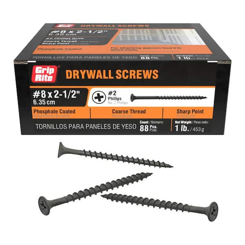 Grip-Rite #8 x 2-1/2 in. #2 Phillips Bugle Head Coarse Thread Drywall Screws 1 lb. Box