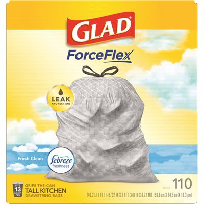 Glad Forceflex 13 Gal. Tall Kitchen Bags, Clean Scent With Febreze, Package Of 110