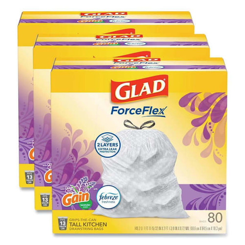 Forceflex Kitchen Drawstring Trash Bags, 13 Gal, Gain Lavender Scent, 24 X 27.38, White, 80 Bags/Box, 3 Boxes/Carton