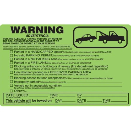 Parking Violation Sticker Warning Tow, Bilingual, Green, 8 X 5", Package Of 100