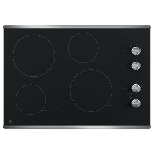 GE 30 In. 4 Burner Smooth Surface Radiant Electric Cooktop, Built-In Knob, Stainless Steel, ADA