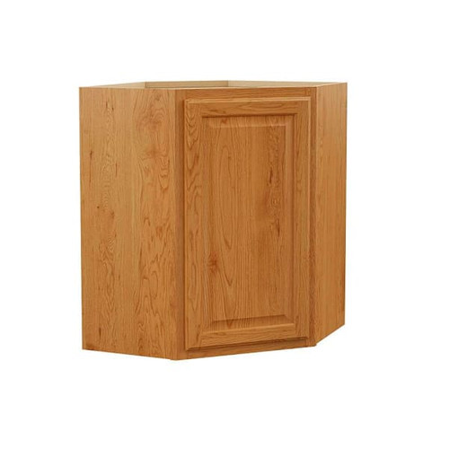 Hampton Bay 24in. W X 30in. H X 12in. D Hampton Raised Panel Corner Assembled Wall Cabinet, Medium Oak