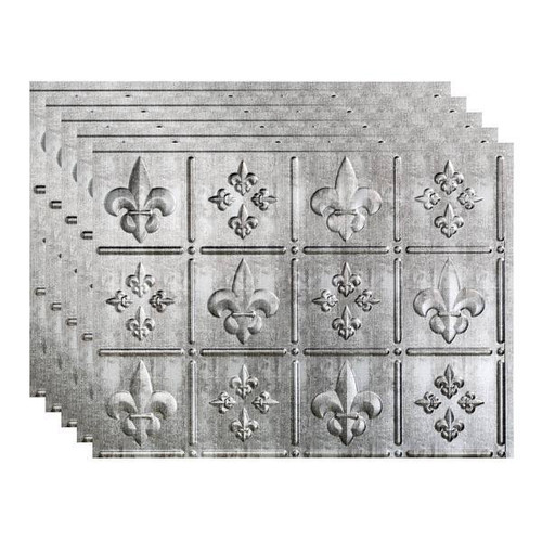 Fasade 18x24 Fleur De Lis Backsplash Panel, Crosshatch Silver, Package Of 5