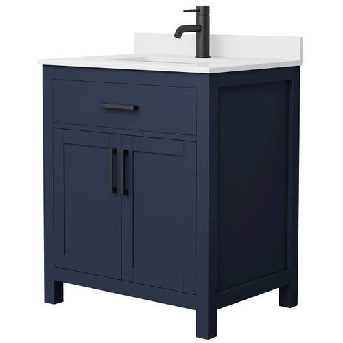 Wyndham Beckett 30" Dark Blue Single Vanity, White Marble Top, Black Trim
