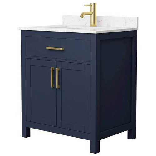 Wyndham Beckett 30" Dark Blue Single Vanity, Carrara Marble Top, Gold Trim