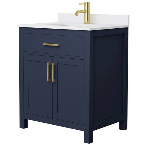 Wyndham Beckett 30" Dark Blue Single Vanity, White Marble Top, Gold Trim