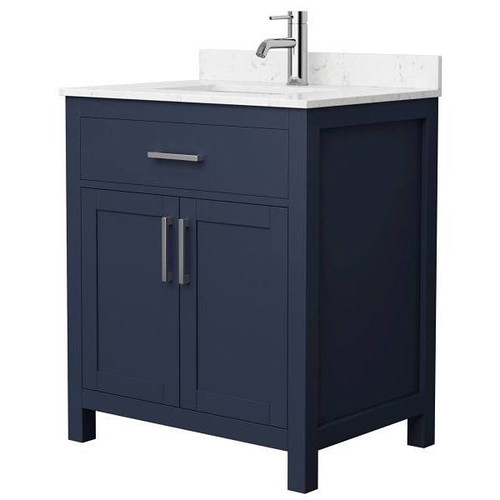 Wyndham Beckett 30" Dark Blue Single Vanity, Carrara Marble Top, Nickel Trim