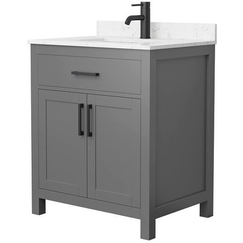 Wyndham Beckett 30" Dark Gray Single Vanity, Carrara Marble Top, Black Trim