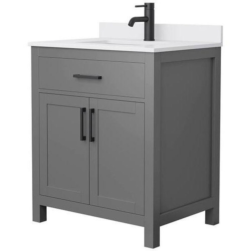Wyndham Beckett 30" Dark Gray Single Vanity, White Marble Top, Black Trim