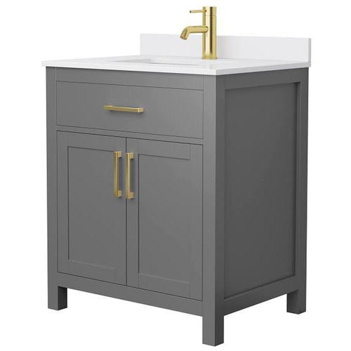 Wyndham Beckett 30" Dark Gray Single Vanity, White Marble Top, Gold Trim