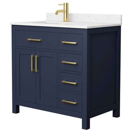 Wyndham Beckett 36" Dark Blue Single Vanity, Carrara Marble Top, Gold Trim