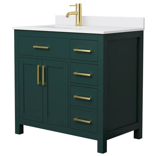 Wyndham Beckett 36" Green Single Vanity, White Marble Top, Gold Trim