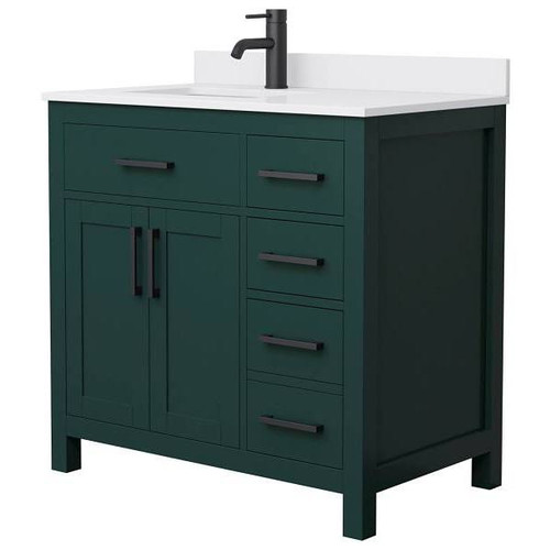 Wyndham Beckett 36" Green Single Vanity, White Marble Top, Black Trim