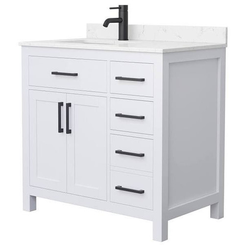 Wyndham Beckett 36" White Single Vanity, Carrara Marble Top, Black Trim