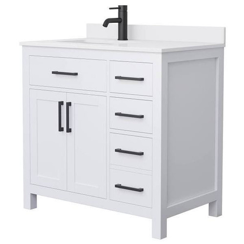 Wyndham Beckett 36" White Single Vanity, White Marble Top, Black Trim