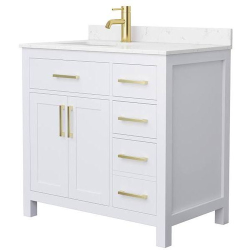Wyndham Beckett 36" White Single Vanity, Carrara Marble Top, Gold Trim