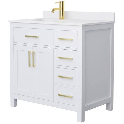 Wyndham Beckett 36" White Single Vanity, White Marble Top, Gold Trim