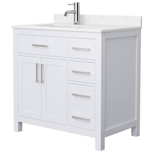 Wyndham Beckett 36" White Single Vanity, Carrara Marble Top, Nickel Trim
