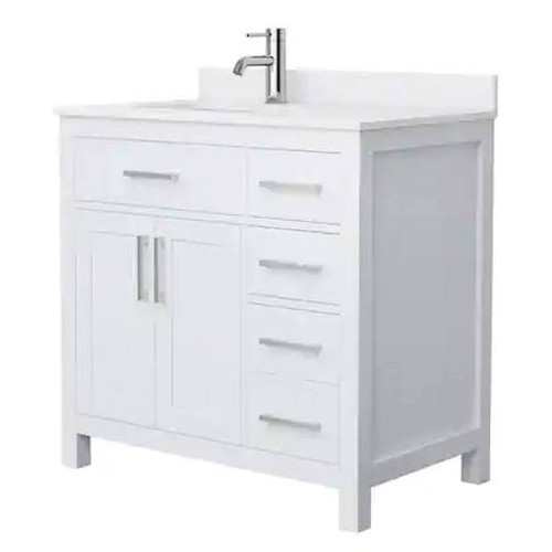 Wyndham Beckett 36" White Single Vanity, White Marble Top, Nickel Trim